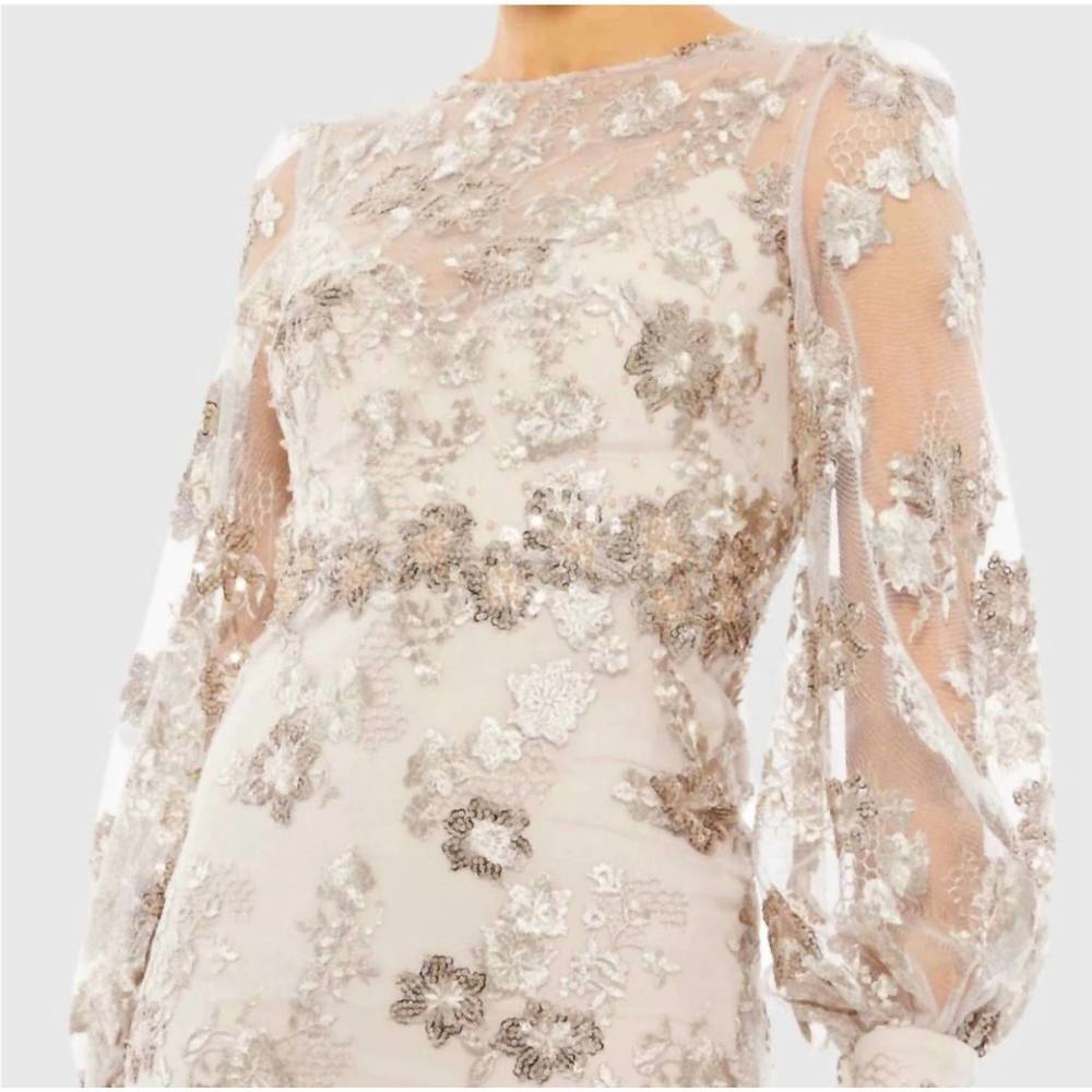 NEW MAC DUGGAL embellished high neck illusion long sleeve midi dress in mocha - Picture 6 of 6